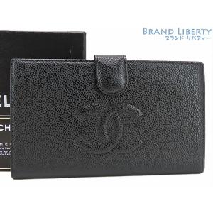 外超美品 シャネル CHANEL ヴィンテージ ココマーク キャビアスキン 二つ折り長財布 がま口財布 ブラック グレインドカーフスキン A13498