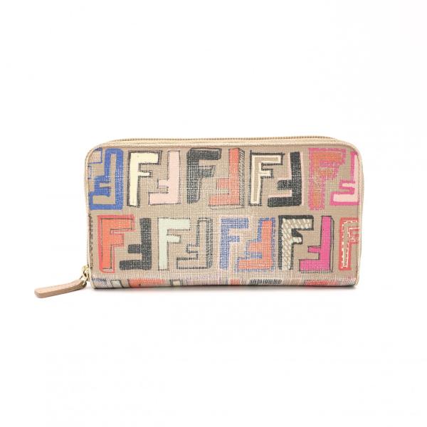 FENDI フェンディ 長財布 PVC ベージュ系 FFロゴ ジッピーウォレット