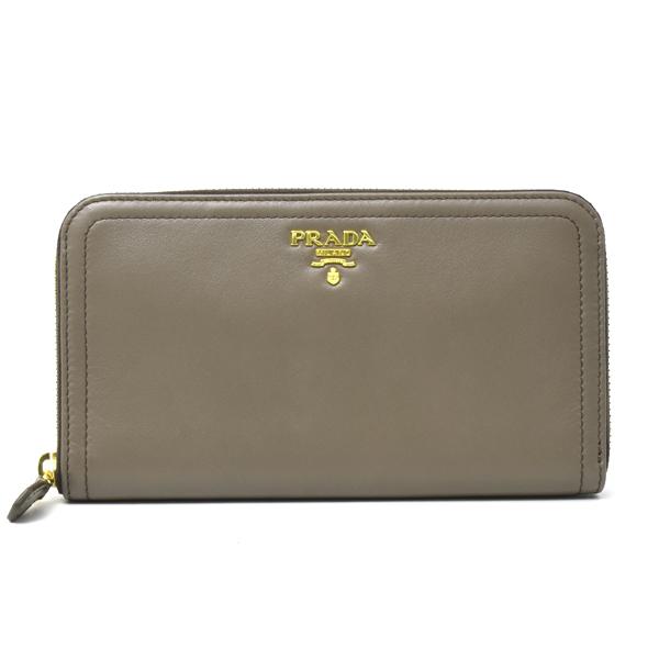 プラダ 財布 レディース 長財布 ラウンドファスナー カーフレザー グレーブラウン PRADA 1M...