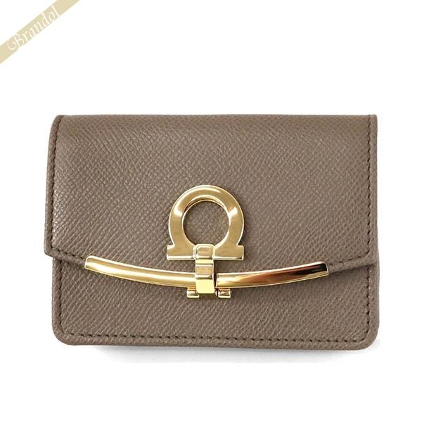 フェラガモ カードケース Ferragamo ガンチーニ レザー キーリング付 グレーベージュ 22...