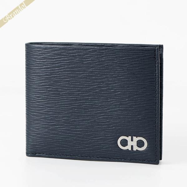 フェラガモ 二つ折り財布 Ferragamo カーフレザー ネイビー 66A063CALF DO/N...