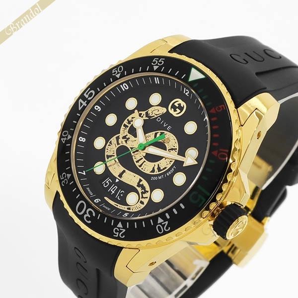 GUCCI グッチ メンズ腕時計 DIVE ダイブ スネークモチーフ 45mm ブラック×ゴールド ...