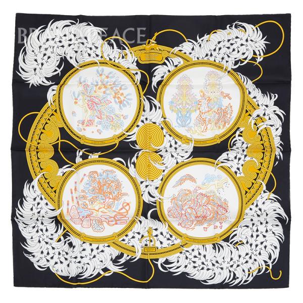 エルメス カレ90 スカーフ 刺繍が織りなす伝説 LEGENDE BRODEE ブラック/ホワイト ...