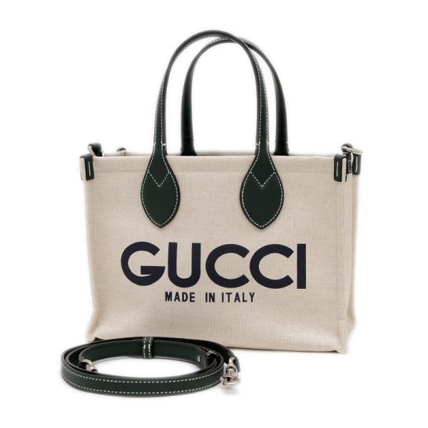 グッチ GUCCI プリント スモール 2Wayトート キャンバス ベージュ/ダークグリーン 772...