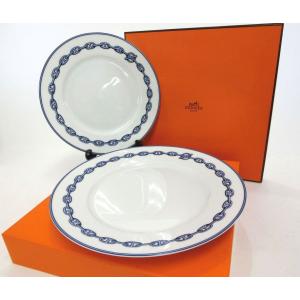 HERMES・エルメス Chaine dAncre／シェーヌダンクル 23cm・27cmプレート ペアセット ブルー 中皿 大皿 高級ブランド食器 未使用品 19-8008｜brandshop-ber