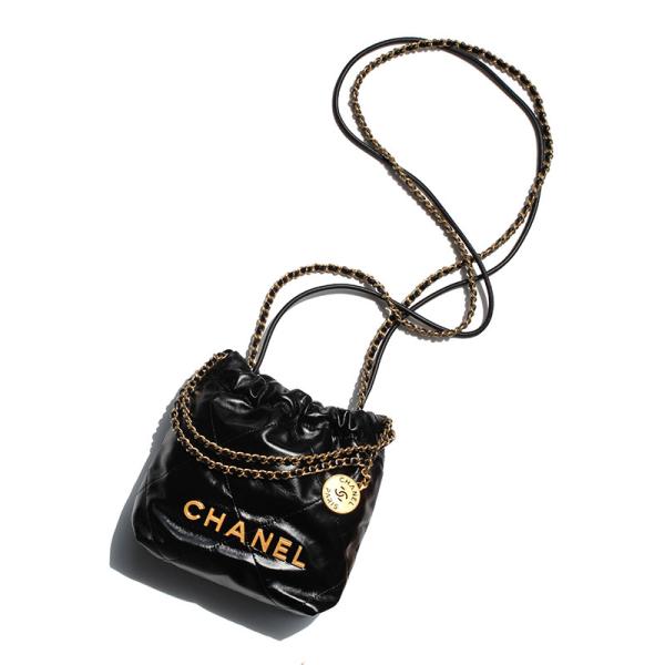 シャネル CHANEL ホーボーバッグ ミニ 22 ショルダーバッグ シャイニーカーフスキン ブラッ...