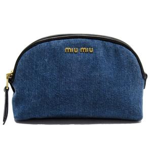 ミュウミュウ MIUMIU ポーチ マルチケース デニムキャンバスxレザー デニムブルーxゴールドxブラック 定番人気｜brandvalue-store