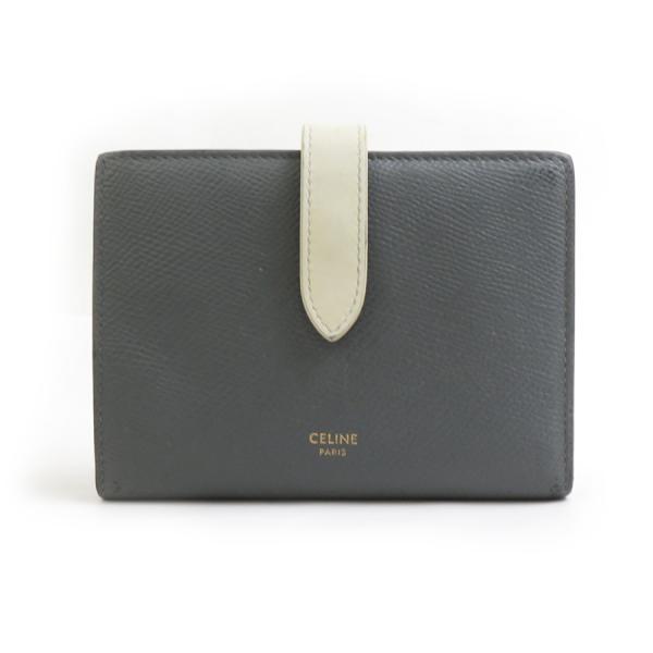 セリーヌ CELINE 二つ折り財布 ミディアムストラップウォレット レザー グレー×アイボリー
