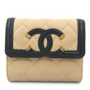 シャネル CHANEL 三つ折り財布 CCフィリグリー キャビアスキンレザー ベージュ/ブラック