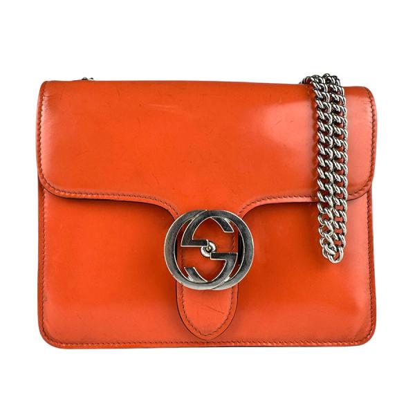 グッチ GUCCI ショルダーバッグ インターロッキングG レザー/メタル オレンジ/シルバー