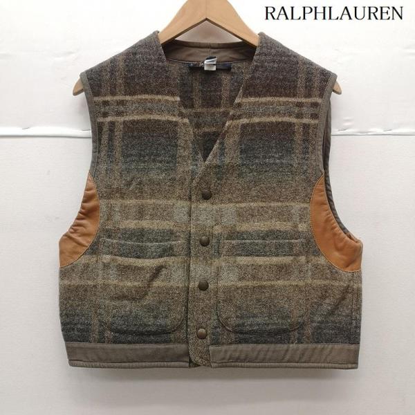 ラルフローレン 80s 90s ウール ベスト ジャケット チェック柄 レザートリム USA製 M ...