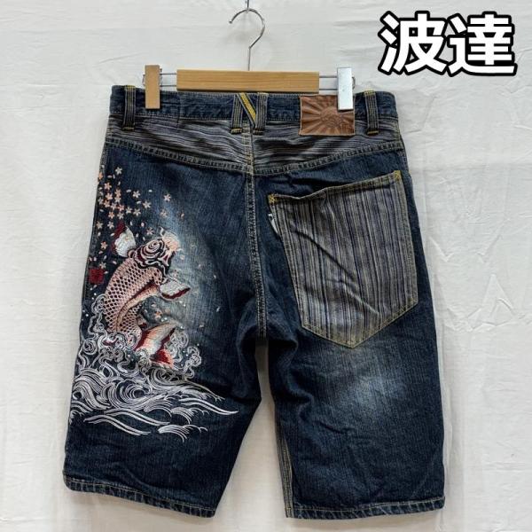 古着 波達 和柄 刺繍 鯉 桜 デニム ハーフ ショート パンツ M 50155846 501558...