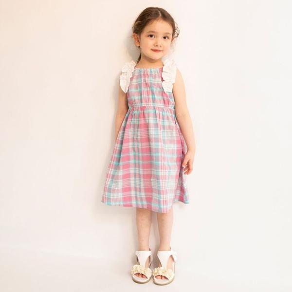 肩フリルワンピース 子供服 キッズ ジュニア ワンピース ワンピ 女の子 ガール 女児 ノンスリーブ...