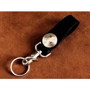 アメリカ 25セント コンチョ使用 レザーキーホルダー（ブラック） ：真鍮 レザークラフト ハンドメイド 本革 二重カン ヌメ革 コイン