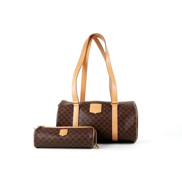 【美品】CELINE セリーヌ マカダム柄 ボストン型 ハンドバッグ ポーチ付き ブラウン系【DB5...