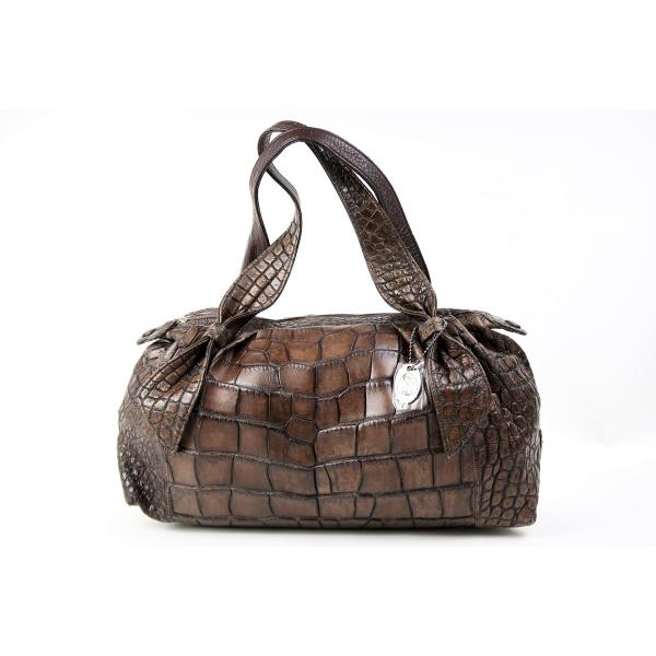 【超美品】JRA 日本製 マッドクロコ リボン ハンドバッグ ブラウン系×シルバー金具 レディース鞄...