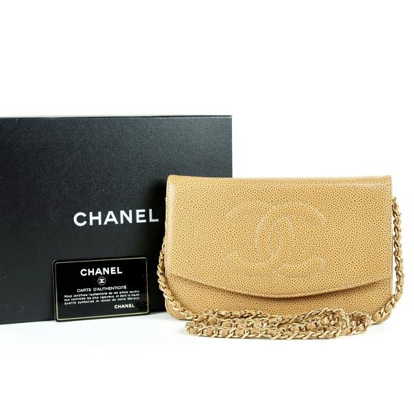 【美品】CHANEL シャネル キャビアスキン ココマーク チェーンウォレット ベージュ系 ブランド...