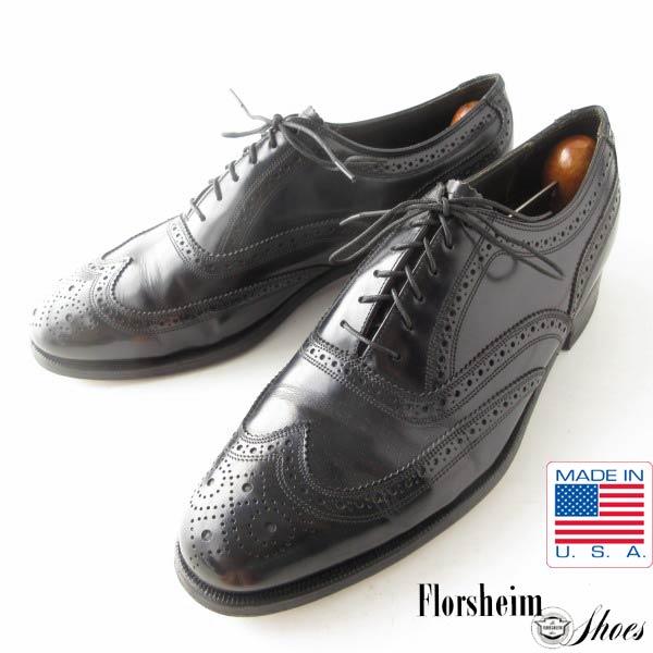 80s USA製 フローシャイム ロイヤルインペリアル 内羽根 ウィングチップ 黒 27cm ブラッ...