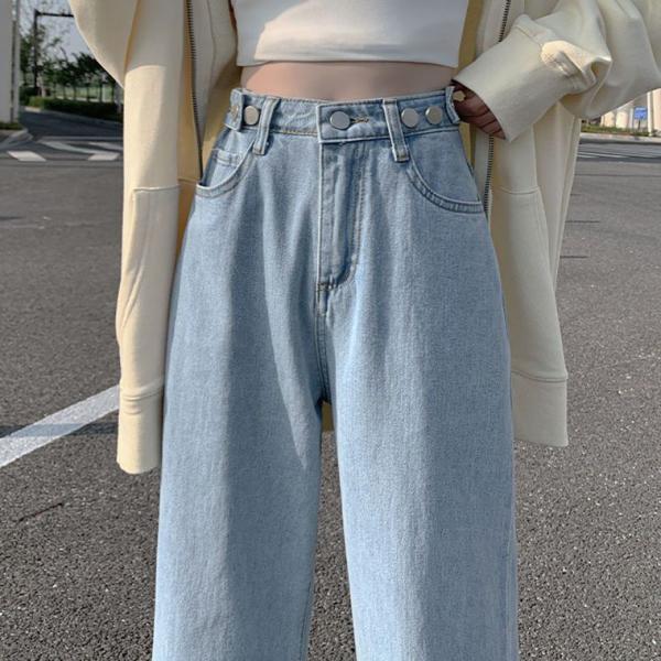 ハイウエストパンツ デニム 脚長効果 ワイド ストレート ジーンズ オシャレ ベージック カジュアル...