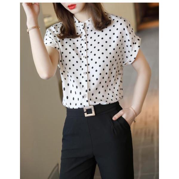 送料無料 ブラウス レディース 夏 シフォン 水玉 クルーネック 半袖 韓国風 白シャツ フォーマル...