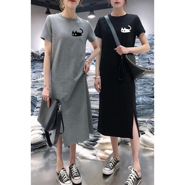 Tシャツワンピース ワンピース レディース ロング 半袖 スリット カットソー 猫 ネコ 大きいサイ...