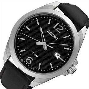 SEIKO Quartz セイコー クォーツ メンズ腕時計 ブラックレザーベルト ブラック文字盤 海外モデル SUR215P1