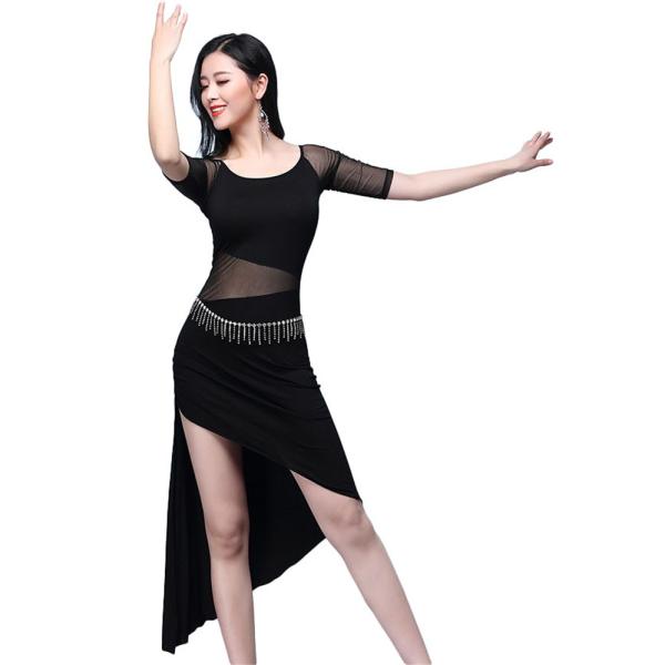 レディース ベリーダンス ドレス ワンピース 五分袖 ラウンドネック ベルト付き メッシュ 透け ア...