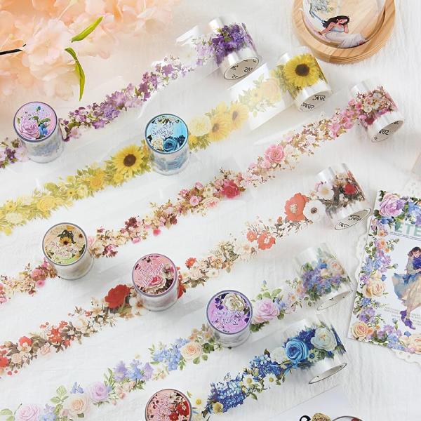 Alideco 6個 マスキングテープ かわいいロレトロロマンチックな花 透明な耐水性 インク PE...