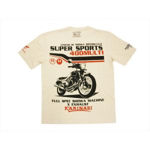 カミナリ KAMINARI エフ商会 半袖Tシャツ KMT-220 "Xエグゾースト/CBX400F HONDA" メンズTシャツ 旧車 オフホワイト｜bros-clothing