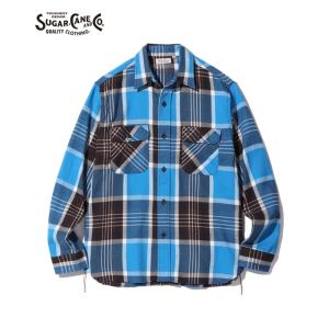 シュガーケーン SUGAR CANE FICTION ROMANCE 長袖シャツ SC29157 ツイル 長袖ワークシャツ with マーブルボタン/TWILL CHECK WORK SHIRTS ブルー｜bros-clothing