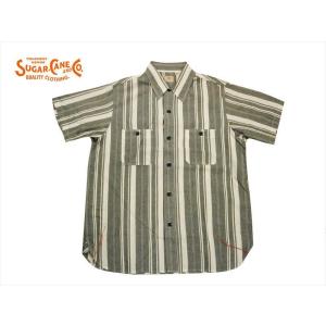 シュガーケーン SUGAR CANE 半袖シャツ SC38691 ランダム ストライプ 半袖ワークシャツ ブラック｜bros-clothing