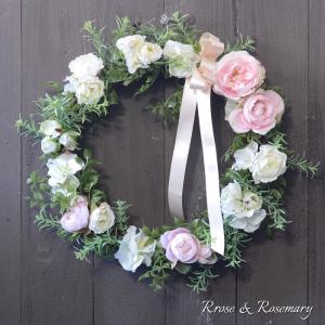 リース 完成品 ローズとローズマリー 造花 黄...の詳細画像1