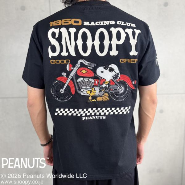 スヌーピーxFLAGSTAFFコラボ半袖Tシャツ 462031 PEANUTS RACING（ブラッ...
