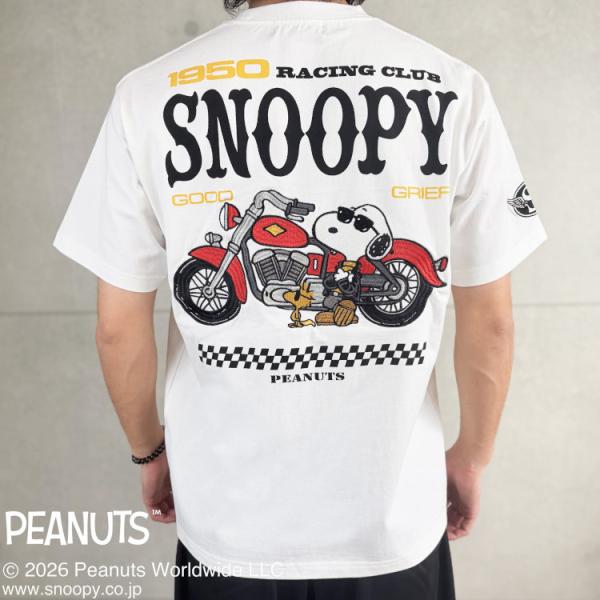 スヌーピーxFLAGSTAFFコラボ半袖Tシャツ 462031 PEANUTS RACING（ホワイ...