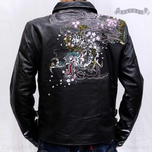 花旅楽団[ハナタビガクダン] 千手観音刺繍 襟付 和柄 レザーライダース