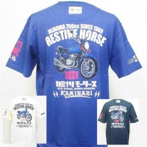 カミナリ半袖Tシャツ KMT-183 EWSTIVE HORSE カワサキマッハ3 アメカジ モーター系 旧車 昭和｜bscrawler