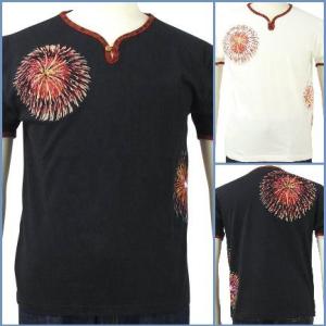 花旅楽団 はなたびがくだんスクリプト半袖1ボタンヘンリーネックT ST-406 花火/和柄