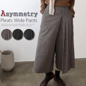 パンツ　秋冬　ワイドパンツ　ガウチョパンツ　レディース　チェック柄　アシンメトリー　プリーツ　ウエストゴム　ボンディング　綿100%　　ミモレ丈｜bsshop