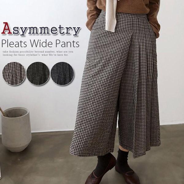 パンツ　秋冬　ワイドパンツ　ガウチョパンツ　レディース　チェック柄　アシンメトリー　プリーツ　ウエス...