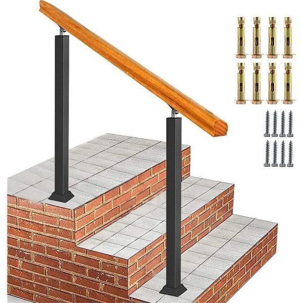 玄関手すり 屋外 玄関階段 手すり 無垢材の手摺り おしゃれ マットブラックアイアン 階段手すり 角...