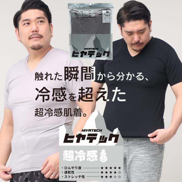 半袖 Tシャツ 大きいサイズ メンズ ヒヤテック 超冷感 ドライ Vネック アンダーシャツ 肌着 下...