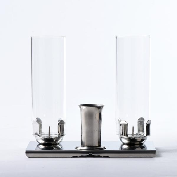 お墓用 ローソク立て 2本立 線香立て付 クリスタルミニ墓前灯セット(大)(ステンレス台・クリスタル...