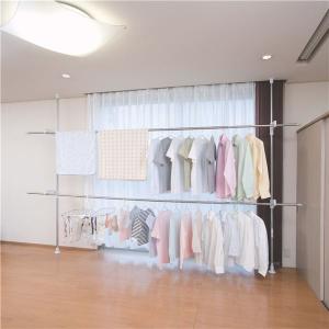 つっぱり式室内物干しスタンド/洗濯物干し スタンド単品 〔2段式〕 向き・高さ調整可 フック付き[21]