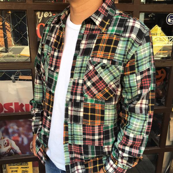 パッチワークネルシャツ BUDDY オリジナル SPRINGFORD グリーン &amp; ブラック 系 ア...