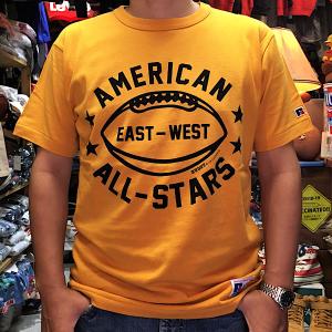 ラッセル アスレチック BUDDY 別注 RUSSELL ATHLETIC Ｔシャツ AMERICAN ALL STARS アメカジ ロゴ T-sh メンズ 半袖 ゴールド イエロー｜buddy-us-clothing