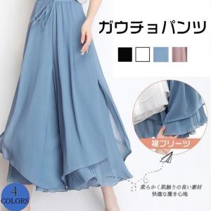 ガウチョパンツ ワイドパンツ レディース シフォン 裾プリーツ リブフレアパンツ ガウチョ ボトムス スカーチョ ゆったり 春 夏 ひらひら