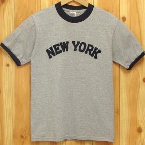 USA古着 NEW YORK リンガー Tシャツ S フェルト文字 トリム グレー｜buffalohip