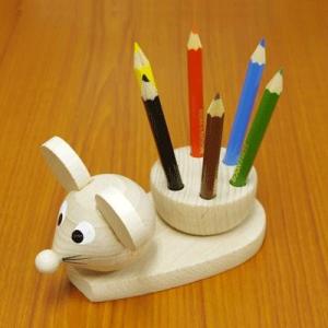 【名入れ無料】チェコスロバキア製　机の上を楽しくする　MIVA　動物型　木製色鉛筆スタンド（マウス）｜bungu-mori