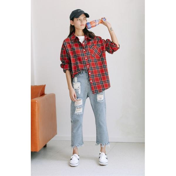 チェックシャツ タータンチェック 柄シャツ 長袖 綿 レッド ベージュ トップス シャツ ブラウス ...