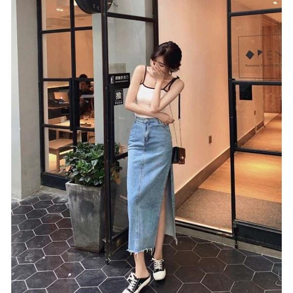 デニム タイトスカート ロング丈 ロングスカート サイドスリット 深スリット シンプル 無地 大きい...